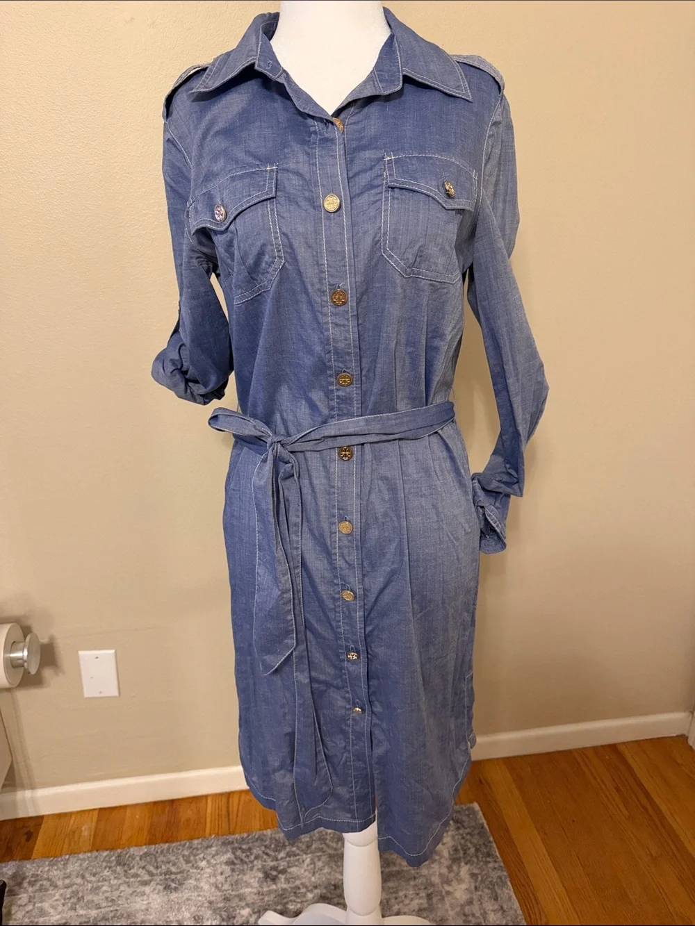 Tory Burch Blue Denim Button-Front Shirt Dress with Tie Waist